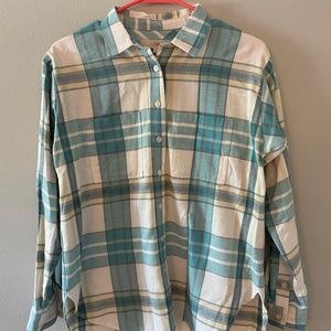 LOFT Turquoise and Gray Plaid Flannel Pocket Tunic Shirt, size XS